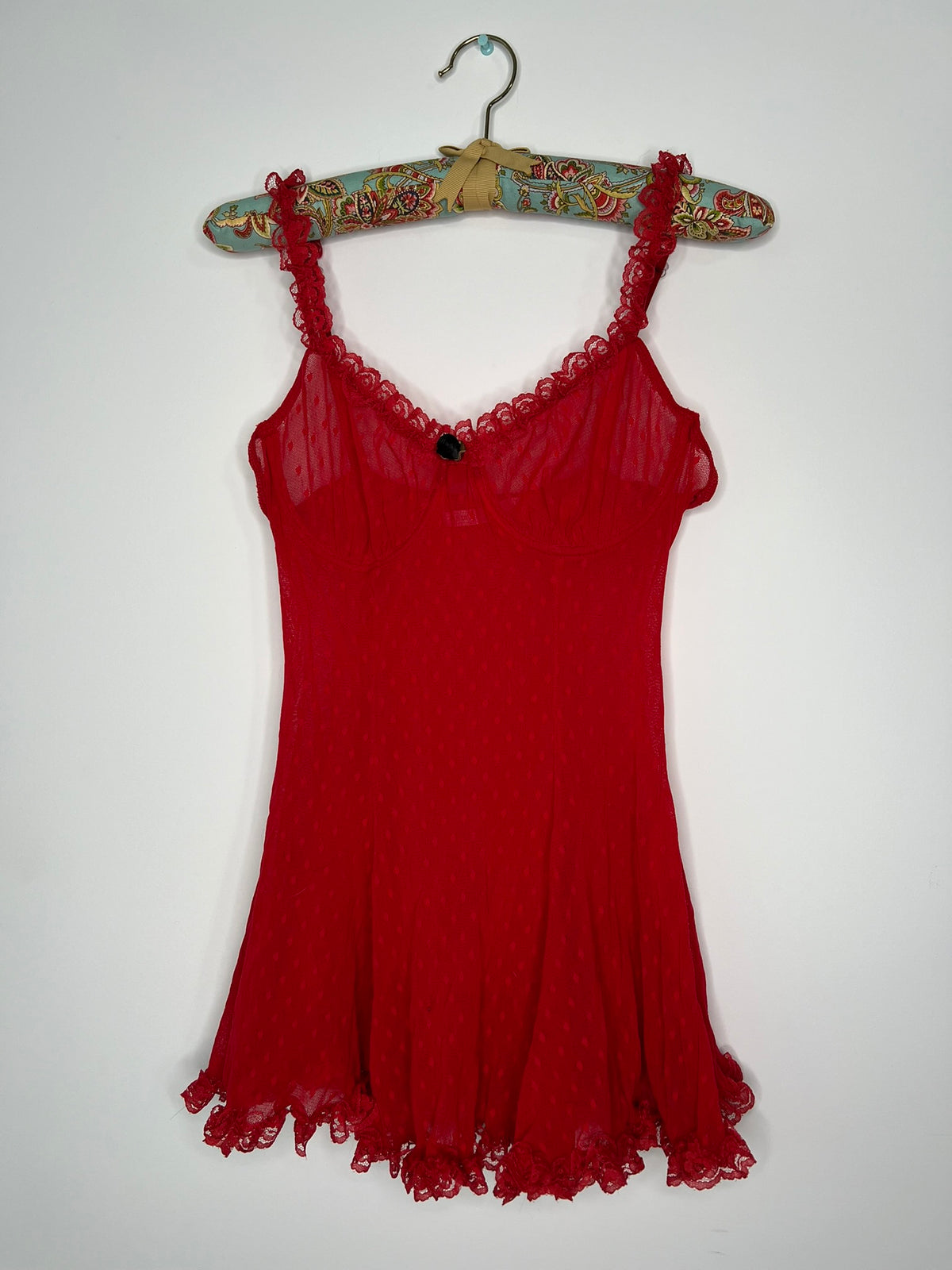 Red lace women's top by Elektra Vintage, vintage 2000s Victoria's Secret style, featuring delicate lace fabric and fitted design.