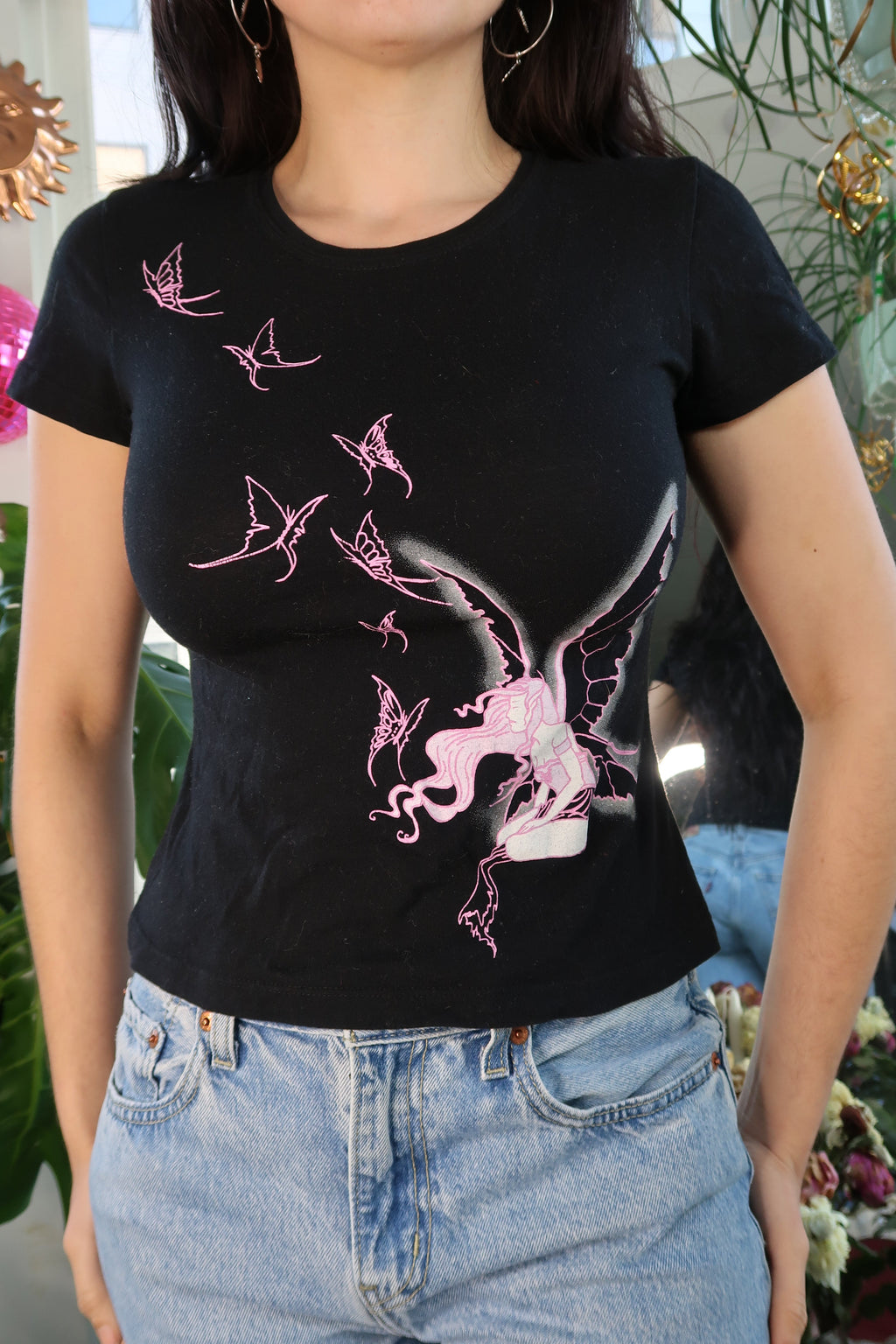 Pink fairy butterfly graphic tee for women by Mighty Fine, vintage 2000s Doe by Elektra Vintage, featuring colorful fairy and butterfly design.