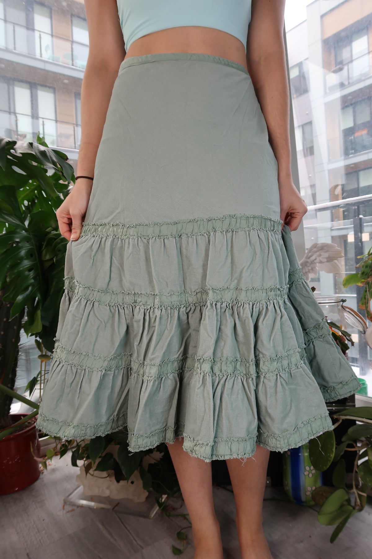 Vintage 2000s Sage Green Corduroy Tiered Midi Skirt - Elektra Vintage