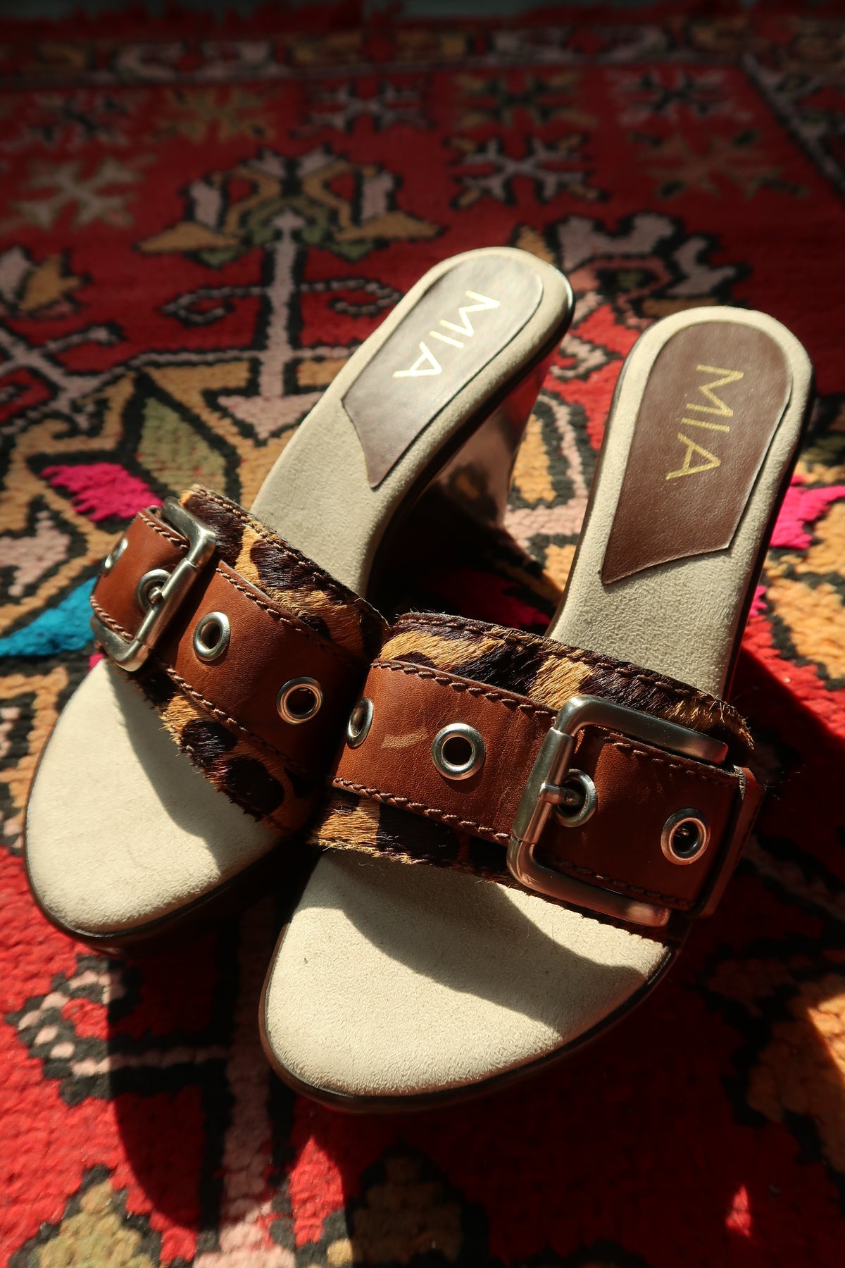 Y2K MIA Leopard Pony Hair Wedge Sandals – Brown Platform Buckle Slides