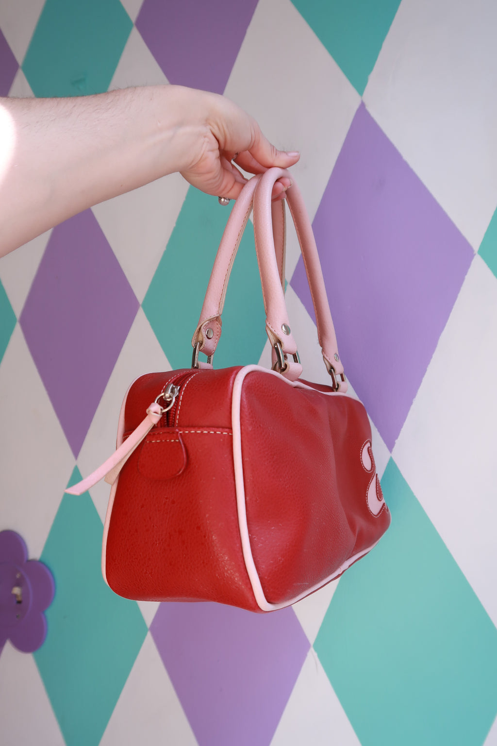 Vintage Y2K Red Mini Bowling Bag by Elektra Vintage with pink trim, featuring a compact purse design and retro style.