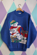 Vintage 90s Christmas Teddy Bear Sweater – Royal Blue Knit