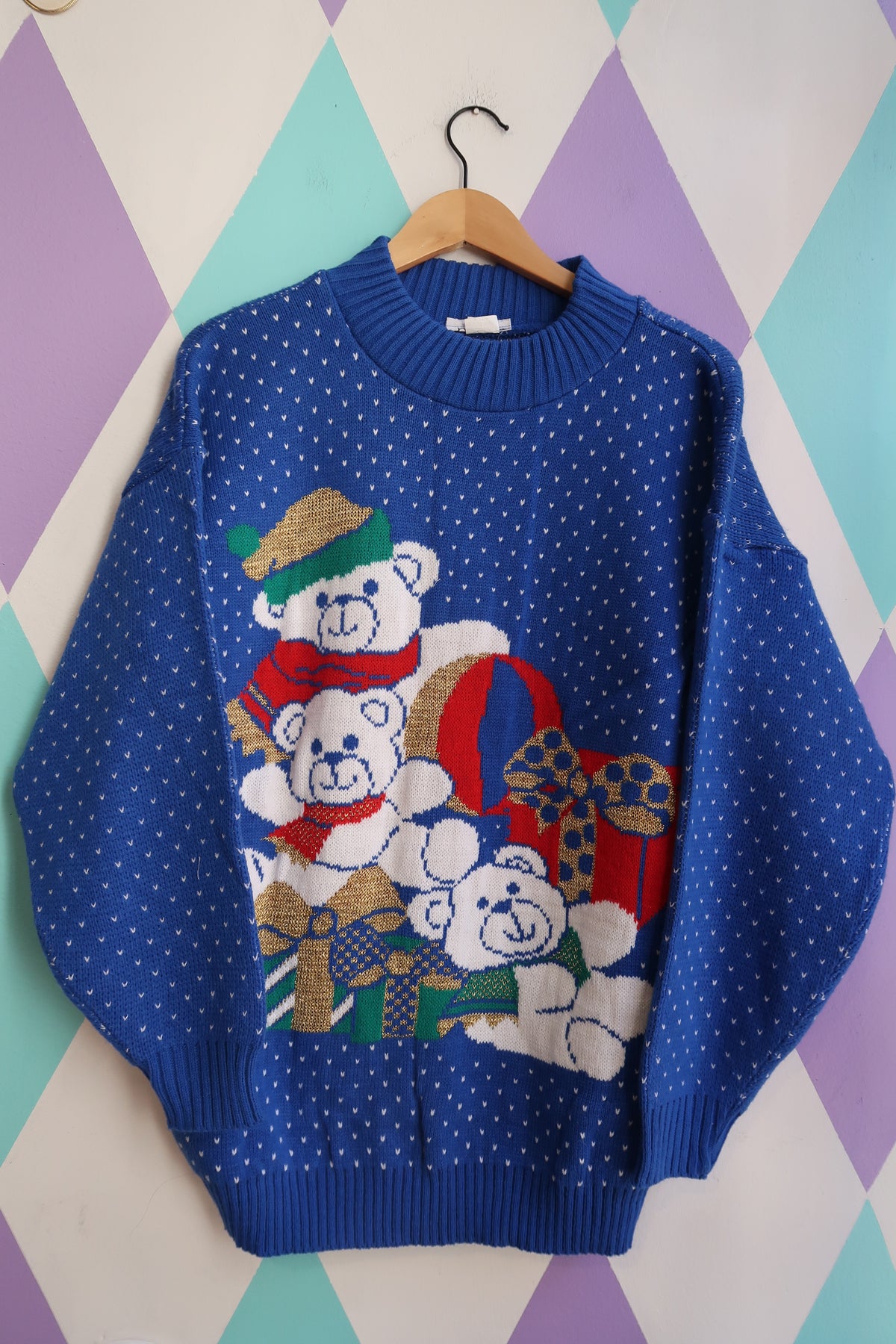 Vintage 90s Christmas Teddy Bear Sweater – Royal Blue Knit