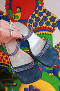 Vintage Denim Beaded Strap Heeled Sandals