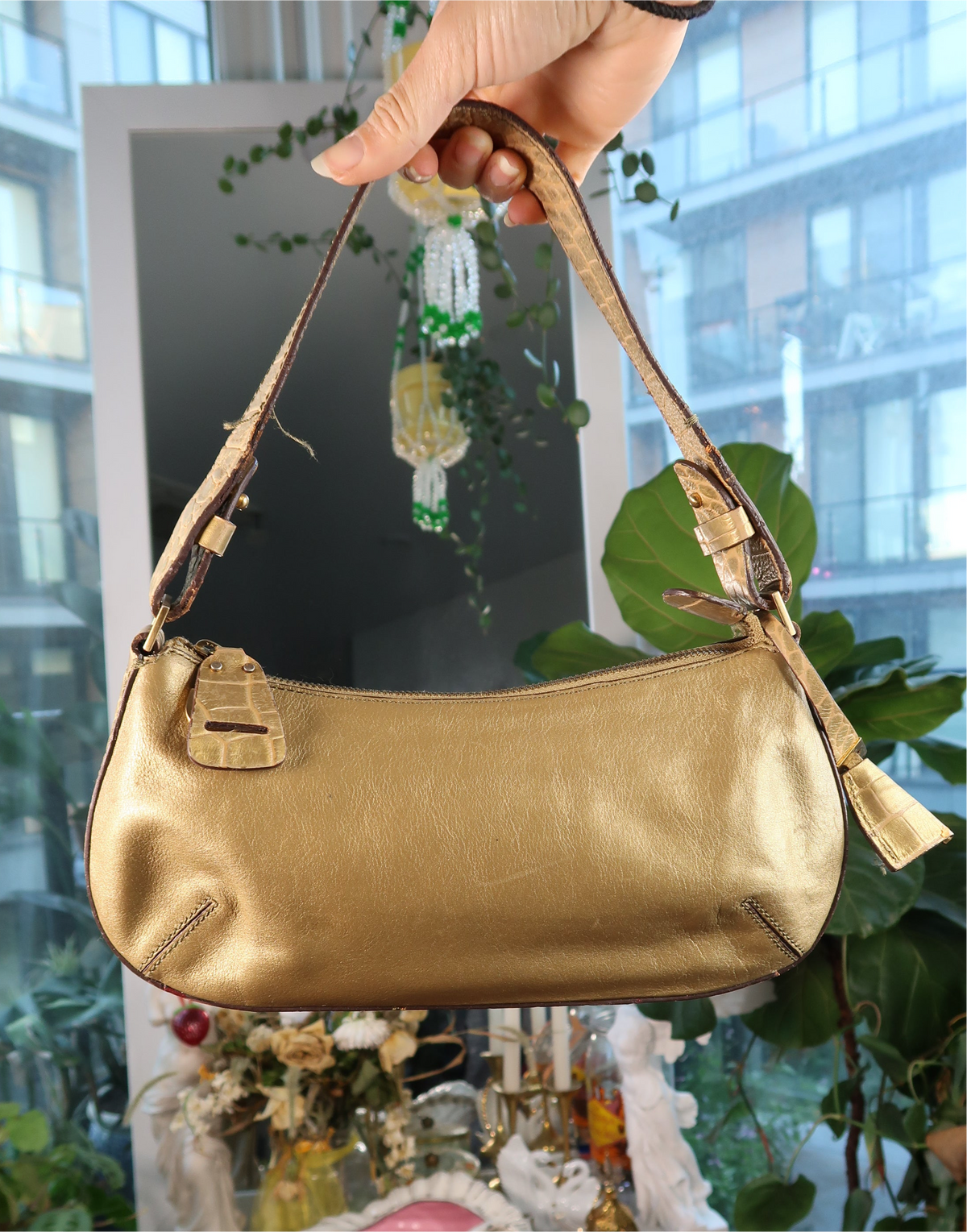 Vintage 2000s Metallic Gold Shoulder Bag with Croc Embossed Strap