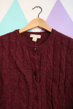 Load image into Gallery viewer, Vintage 100% Wool Cable Knit Cardigan – Deep Cranberry Red
