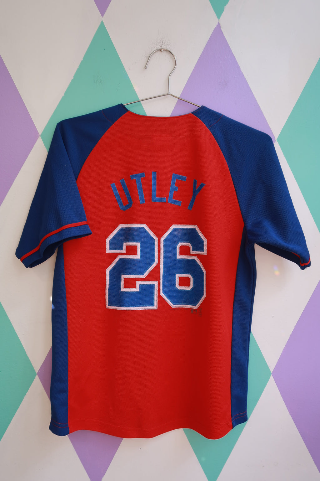 Women's vintage Philadelphia Phillies Chase Utley #26 MLB baseball jersey in red and blue by Elektra Vintage.