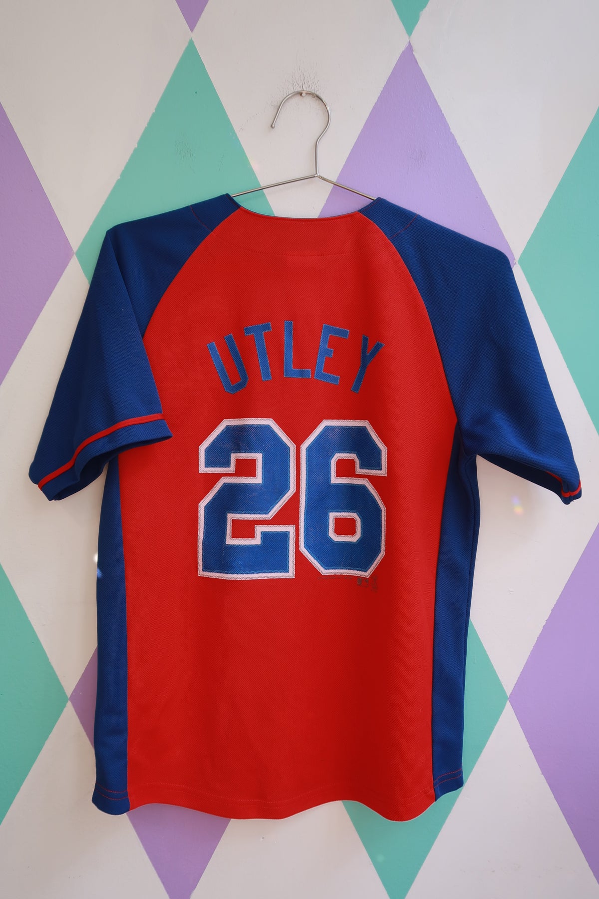 Women's vintage Philadelphia Phillies Chase Utley #26 MLB baseball jersey in red and blue by Elektra Vintage.