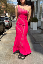 Load image into Gallery viewer, Hot pink vintage silk one-shoulder mermaid evening gown by Elektra Vintage with beaded details from the 2000s.

