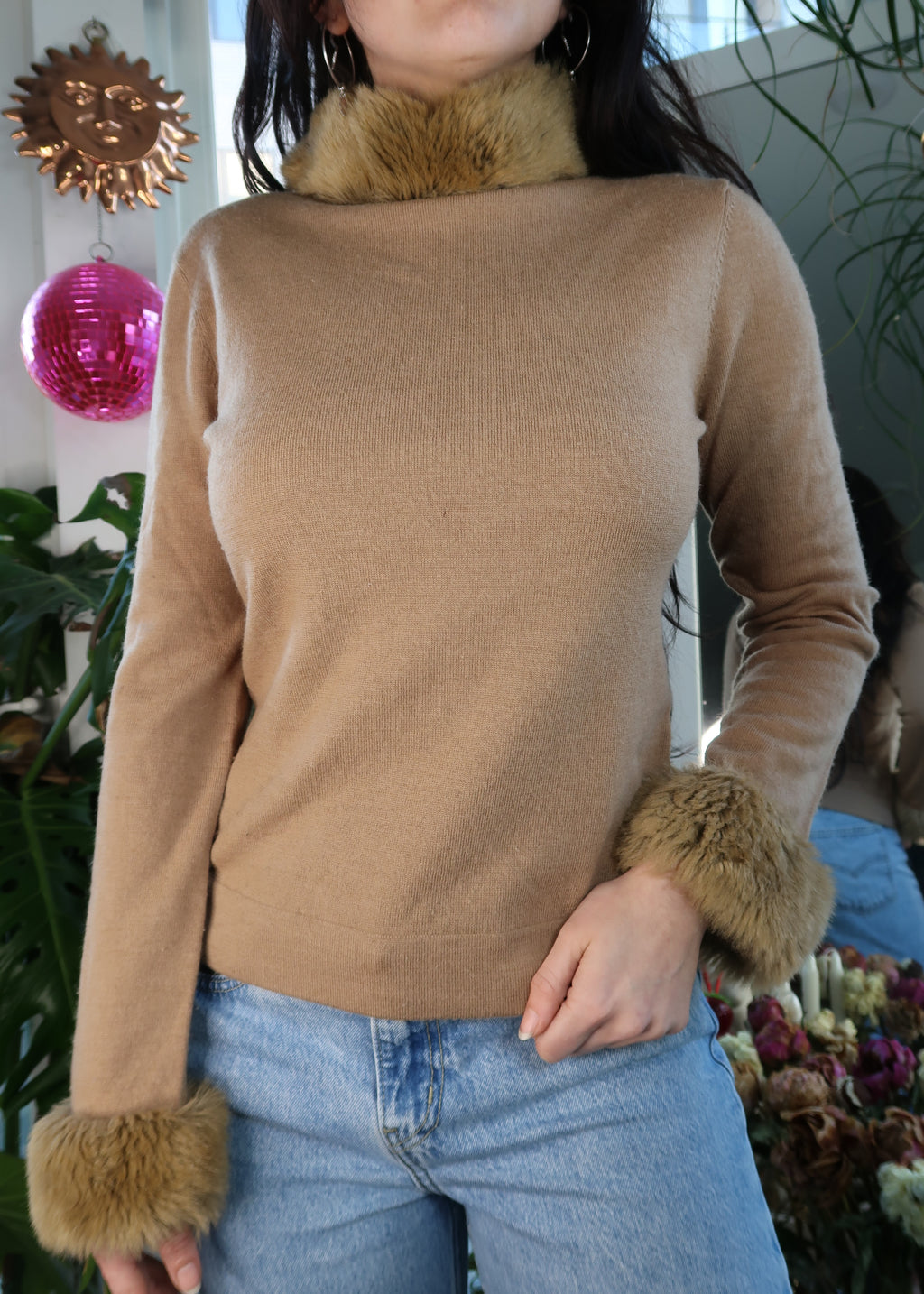 Vintage Nine West Brown Fur Collar Knit Top