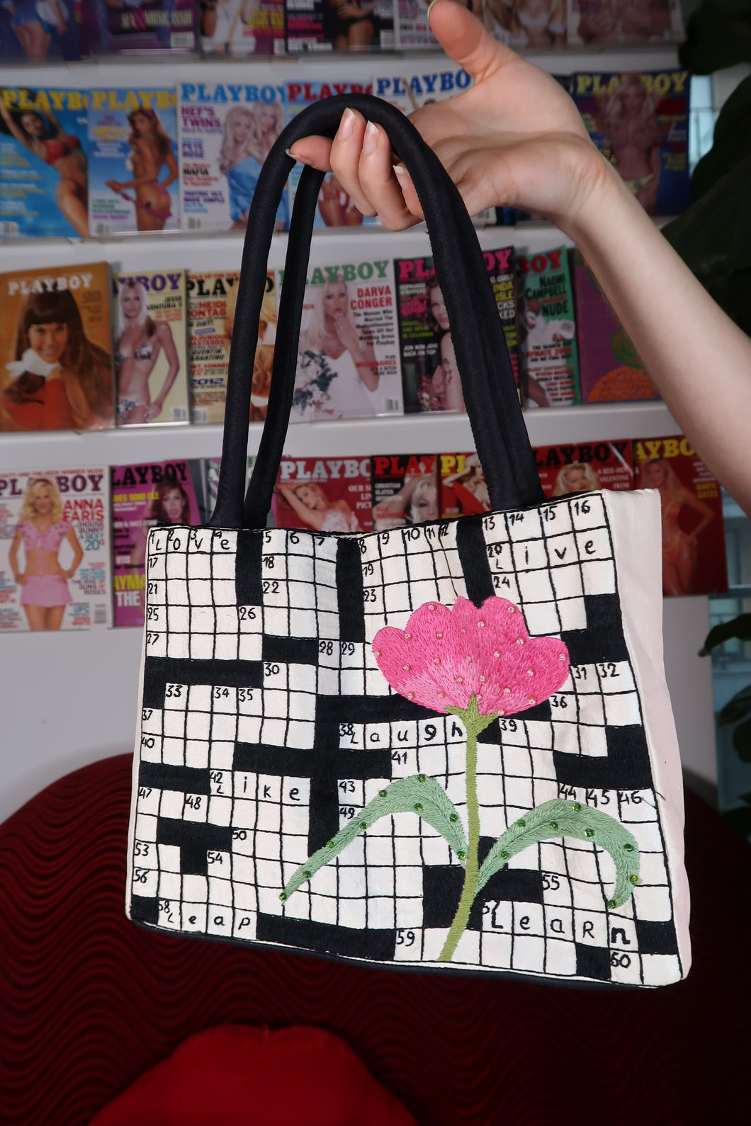 Vintage Embroidered Crossword Bag with Beaded Flower