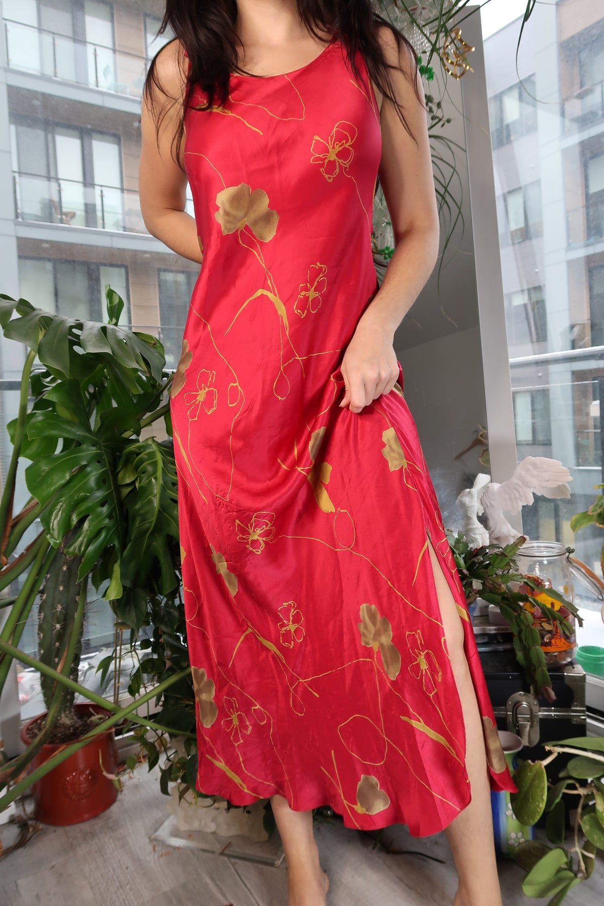 Vintage Red Floral Silk Dress
