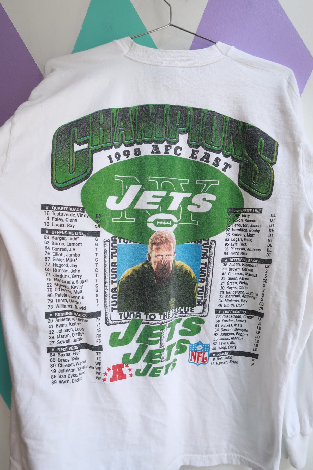 Men's vintage 1998 New York Jets South Park graphic AFC East Champions long sleeve tee by Elektra Vintage, featuring team and cartoon design.