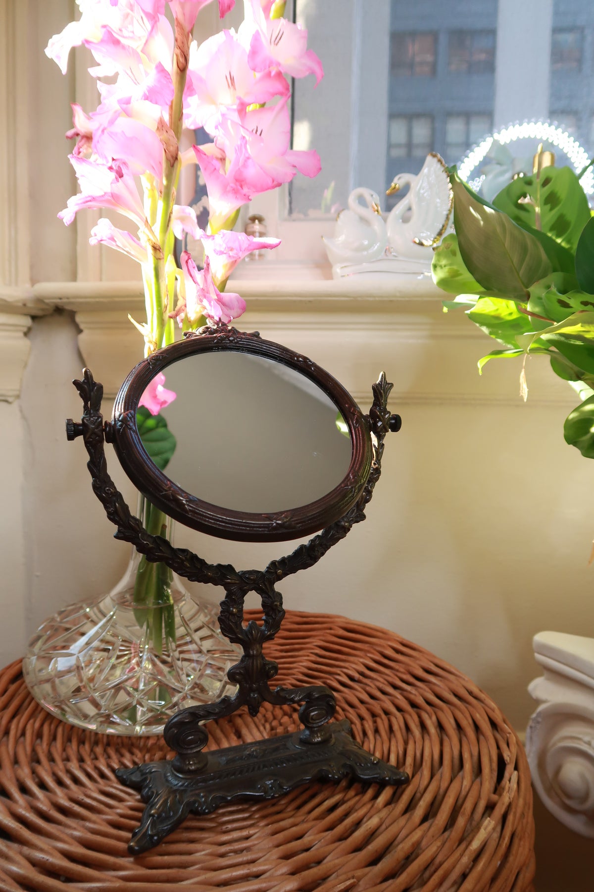 Vintage Ornate Oval Tilting Vanity Mirror Dark Bronze Tabletop Mirror