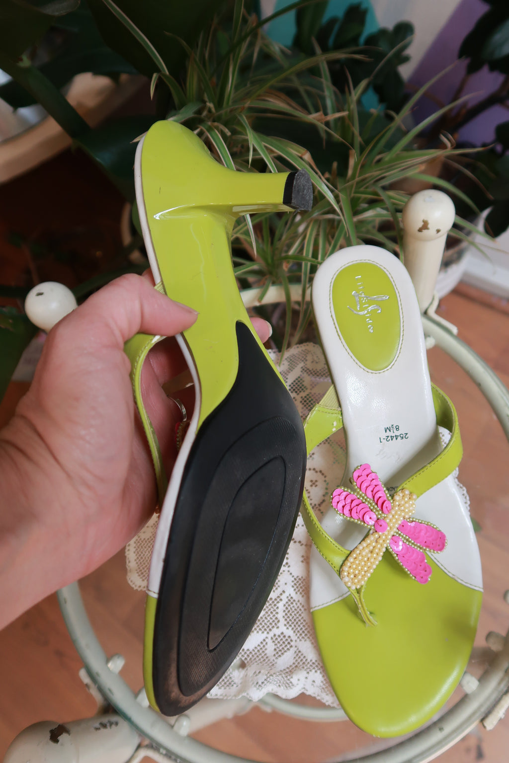 Vintage Y2K Lime Green Dragonfly Kitten Heel Sandals