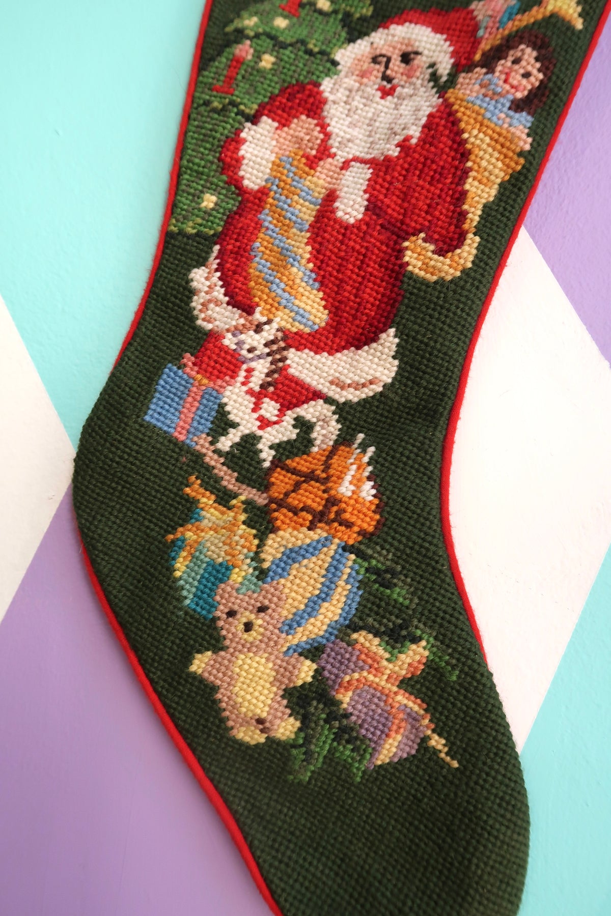 Vintage Needlepoint Christmas Stocking — Santa & Toys