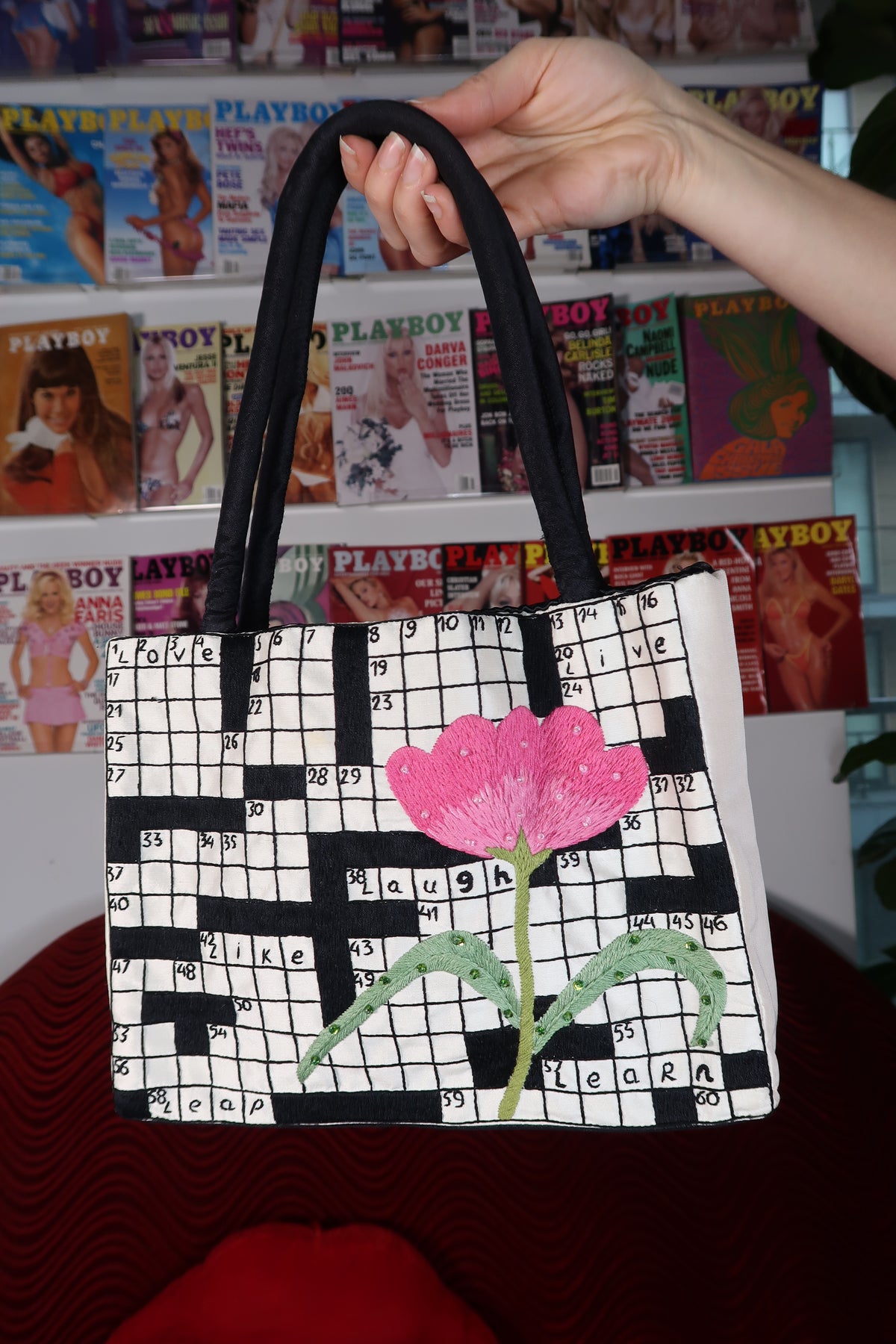 Vintage Embroidered Crossword Bag with Beaded Flower