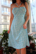 Y2K Blue Leaf Print Halter Dress – Sweetheart Neckline with Ring Detail