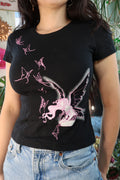 Vintage 2000s Doe by Mighty Fine pink fairy butterfly graphic tee for women, featuring colorful fairy and butterfly design.