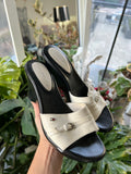 Vintage 2000s Tommy Hilfiger wedge sandals with chunky heel and classic striped design, displayed on a neutral background.