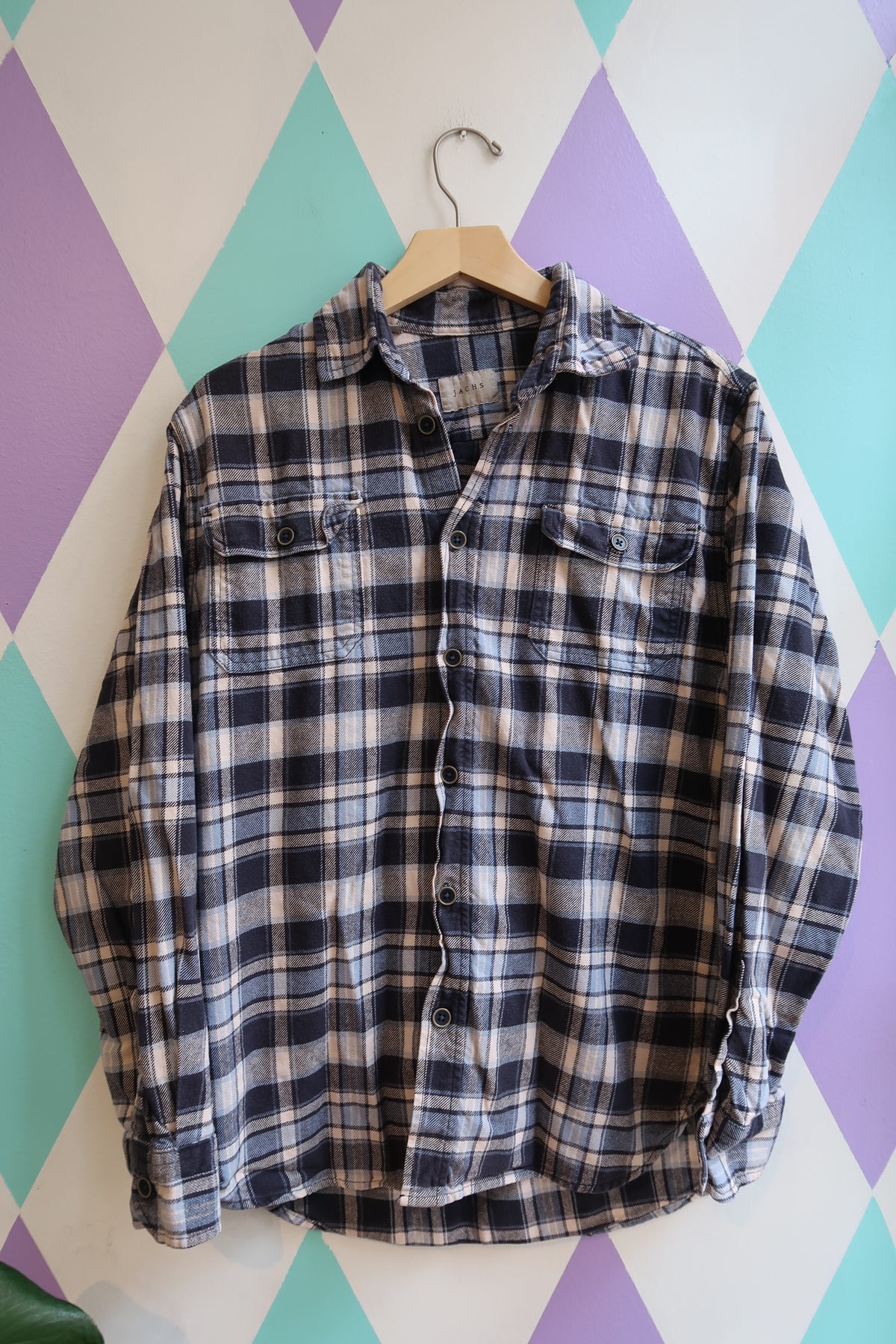 Jachs Flannel Button-Up Shirt – Navy & Grey Plaid Long Sleeve