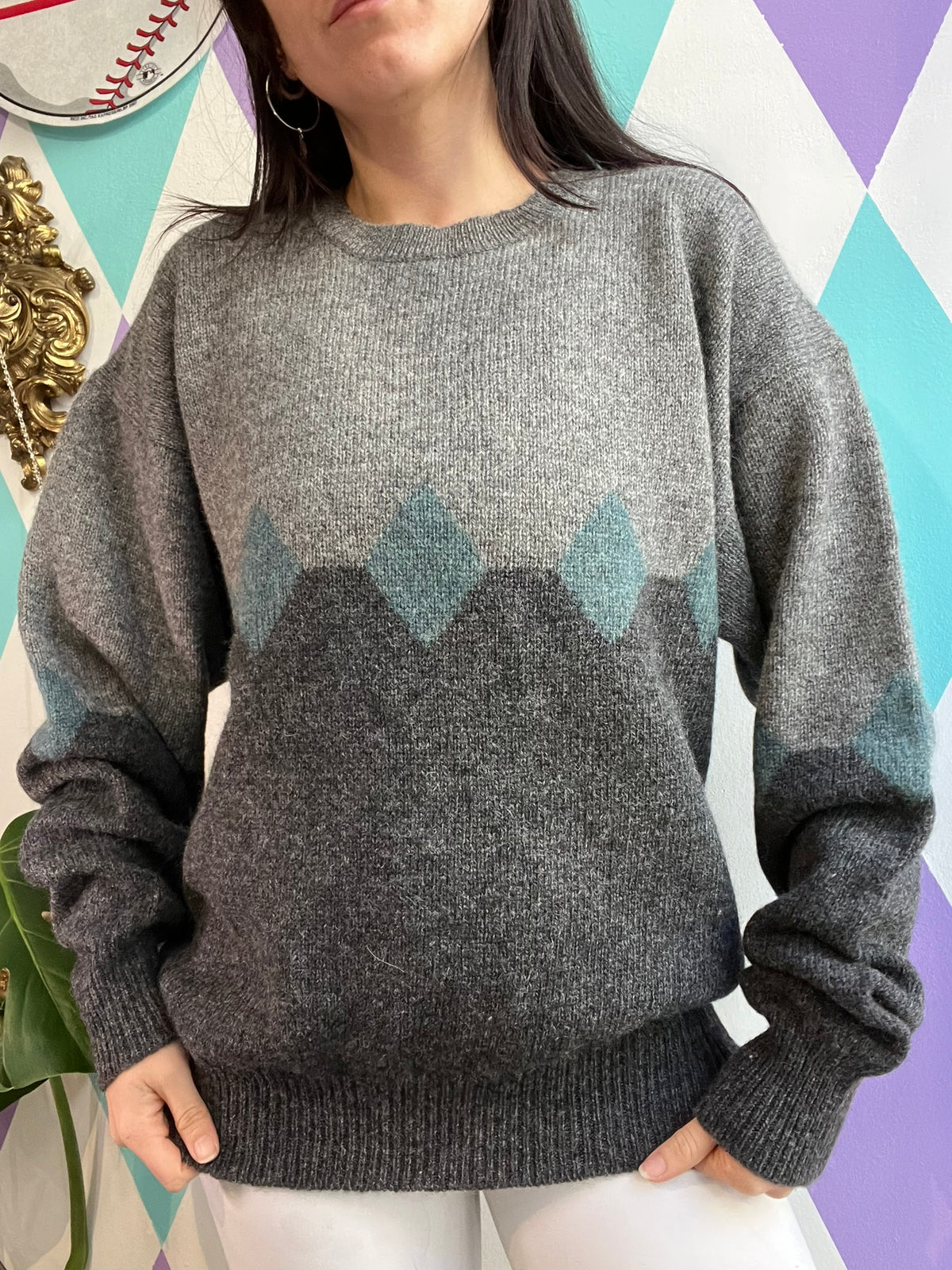 Vintage Wool Grey Argyle Sweater - Elektra Vintage