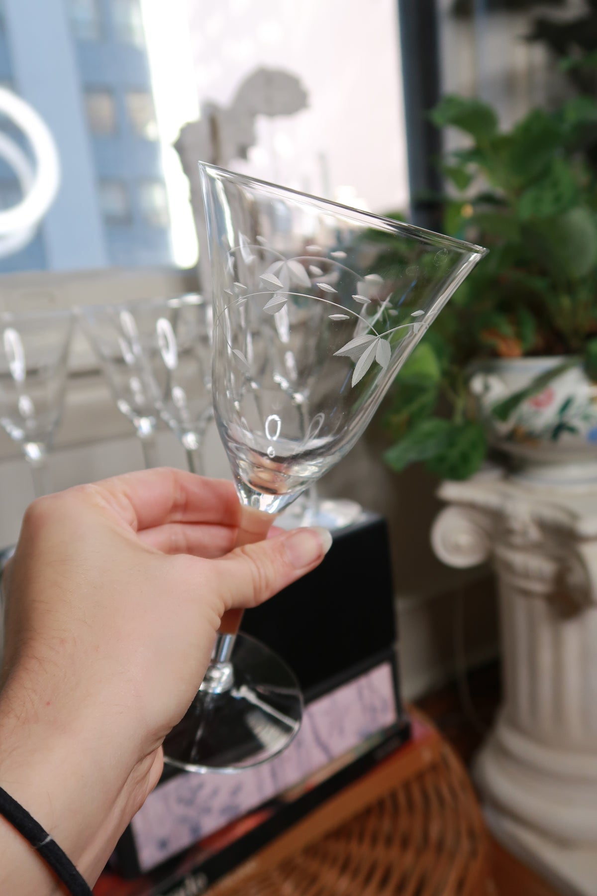 Vintage Etched Floral Wine Glasses Set of 6