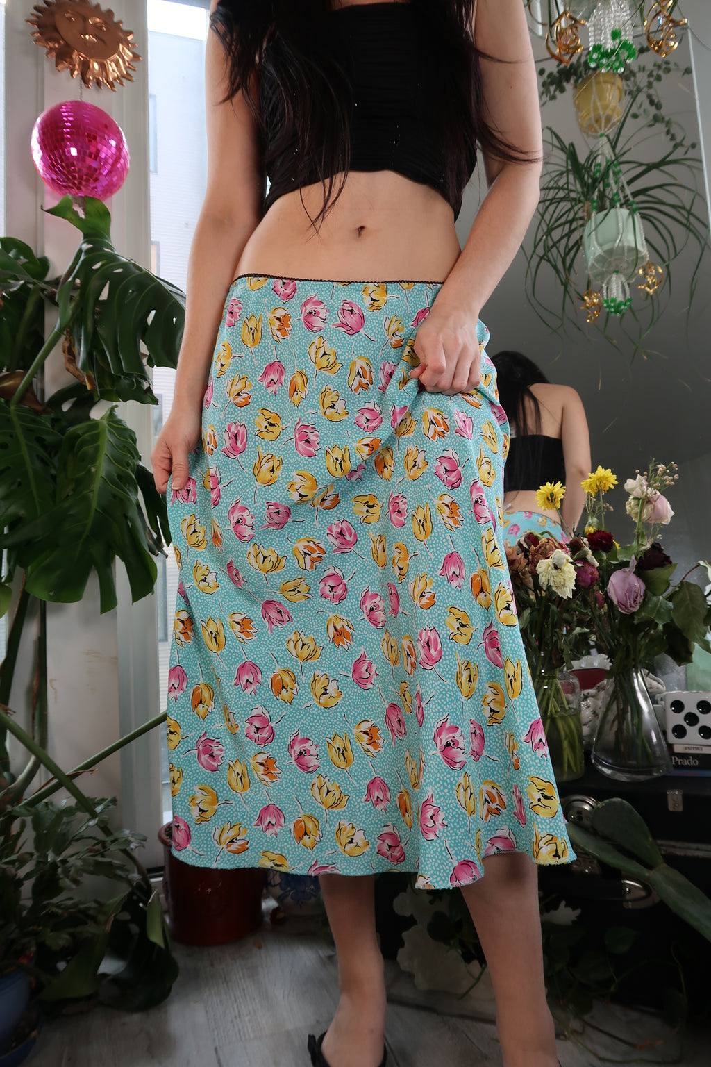 Vintage 2000s Pink and Yellow Roses Midi Skirt - Elektra Vintage
