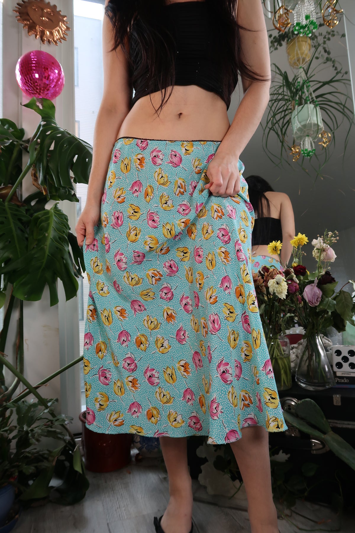 Vintage 2000s Pink and Yellow Roses Midi Skirt - Elektra Vintage