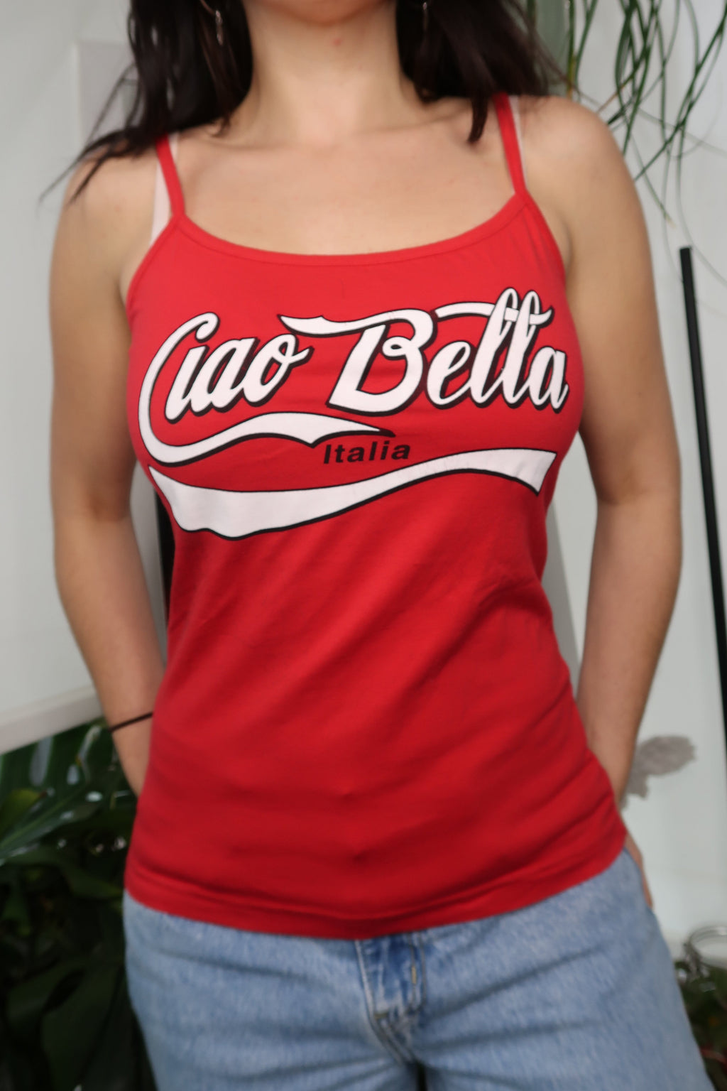 Deadstock Cherry Red Ciao Bella graphic tank top for women by Elektra Vintage, featuring bold cherry red fabric and vintage graphic print.