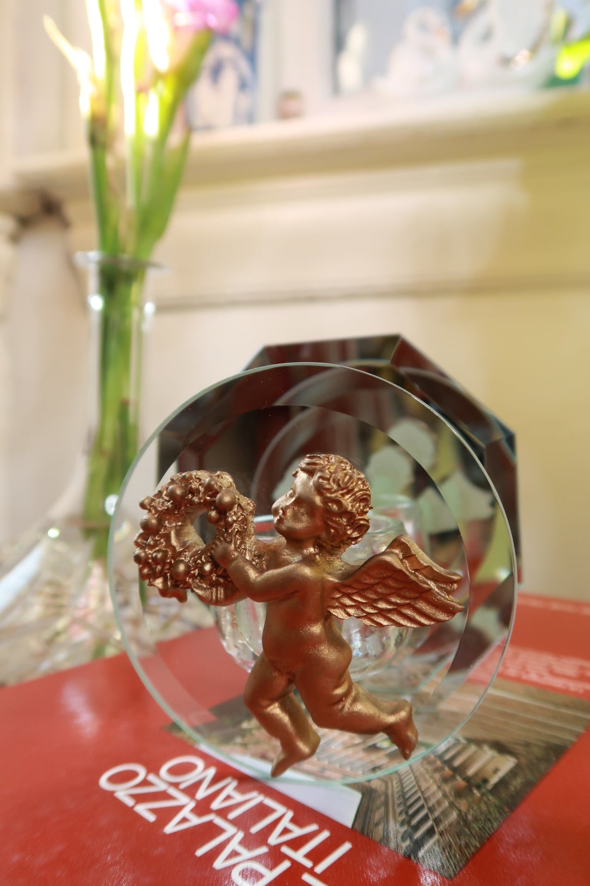 Vintage Glass Cherub Votive Candle Holder with Mirrored Back Hollywood Regency Decor