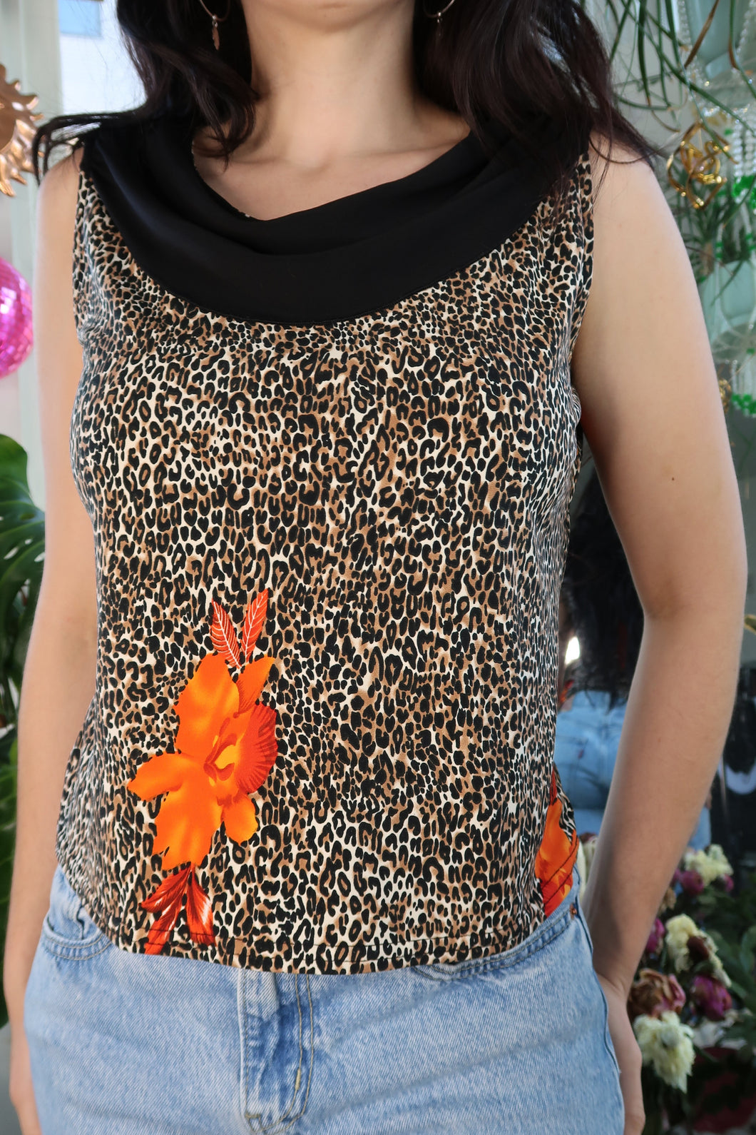 Vintage 2000s Cheetah Print Tropical Floral Tank Top