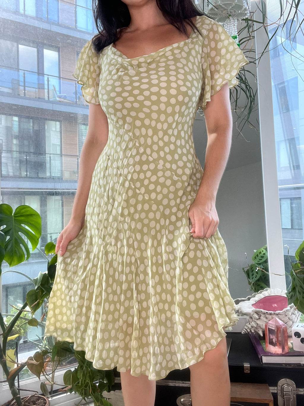 Vintage Elektra Vintage 100% silk polka dot bias cut dress, showcasing a stylish and elegant dress with a classic pattern and flowy silhouette.