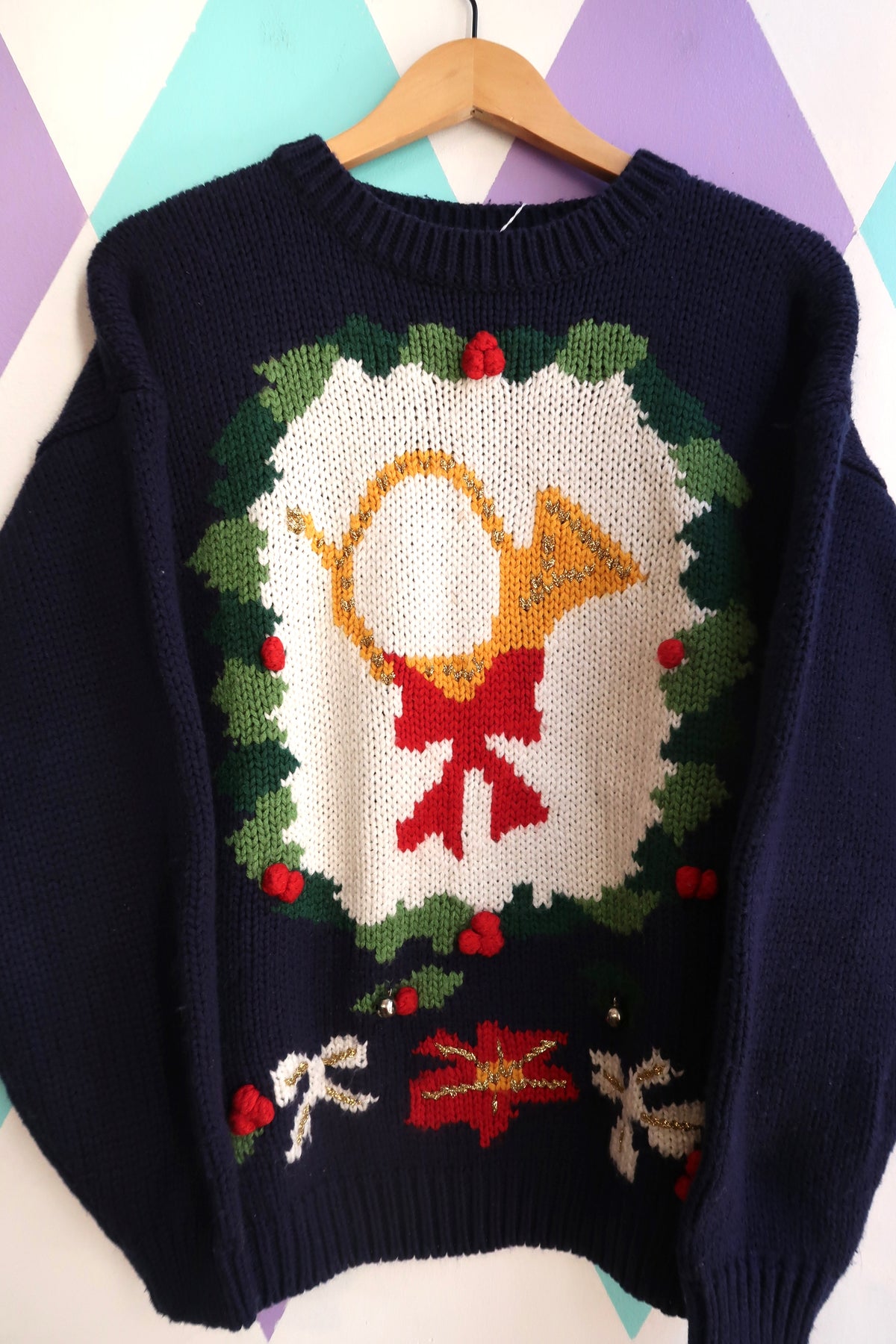 Vintage 80s/90s Navy Christmas Sweater – Horn Wreath Knit Holiday Pullover - Elektra Vintage