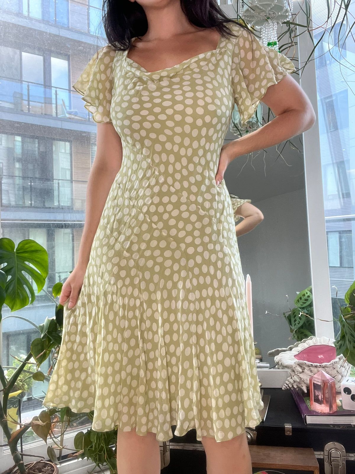 Vintage Elektra Vintage silk polka dot bias cut dress with a flowing silhouette and classic pattern.