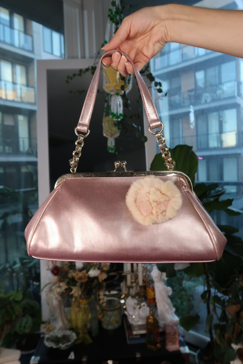 Vintage 90s Pink Metallic Shoulder Bag with Rabbit Fur Flower Accent