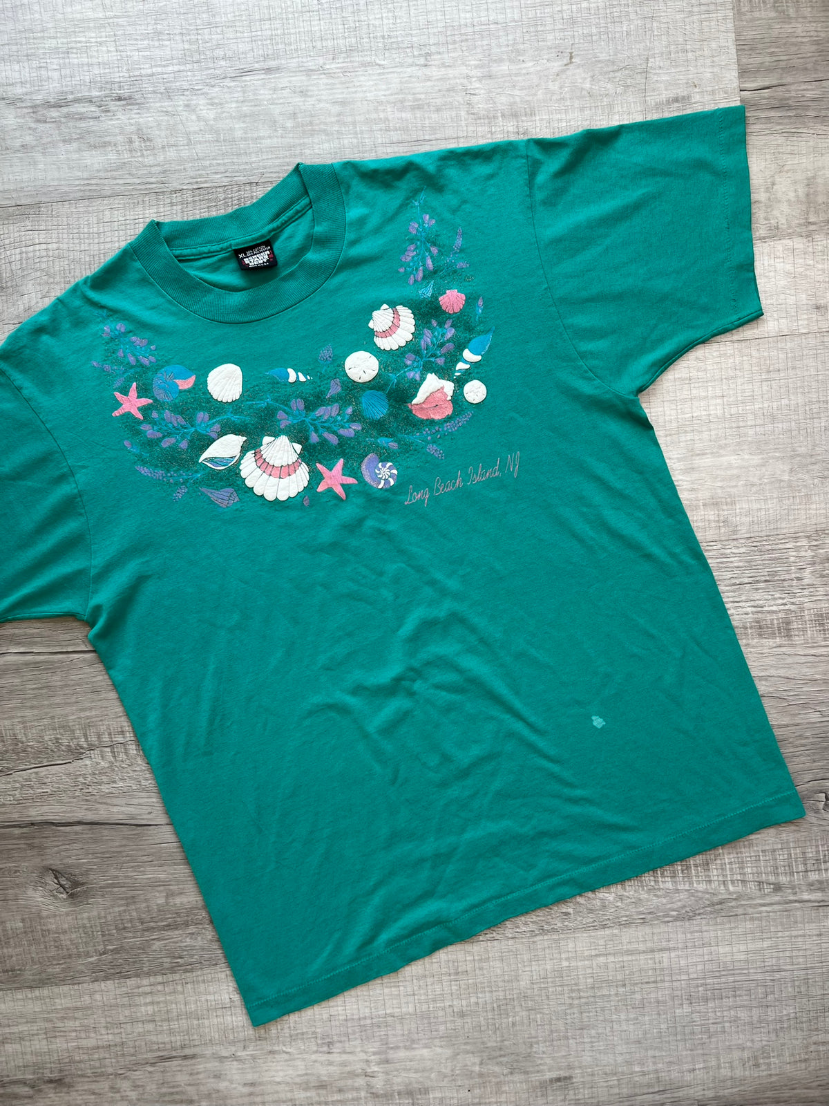Long Beach Island Seashell Graphic Tee - Vibrant Teal Beach Souvenir Tee by Screen Stars Best - Elektra Vintage