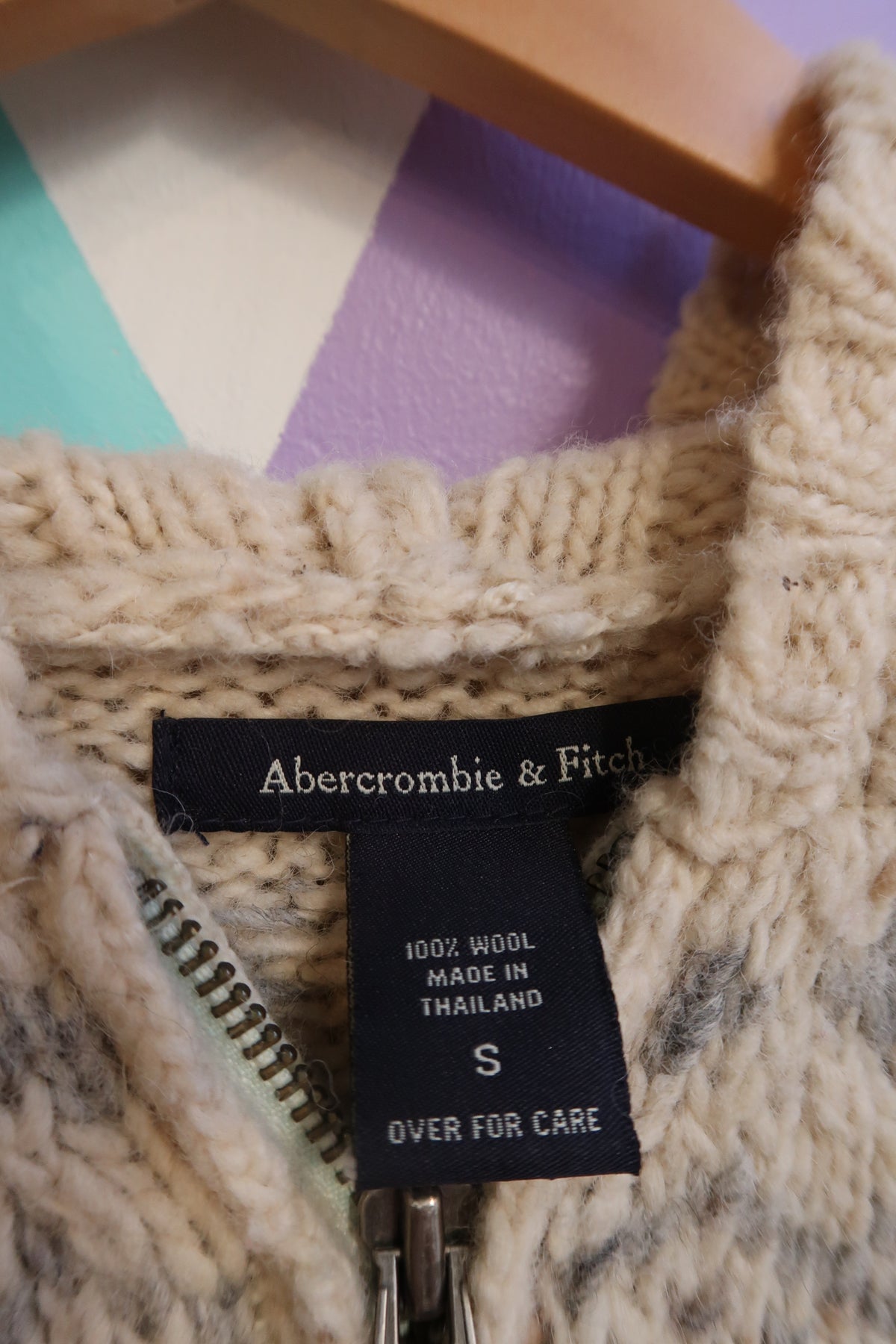 Vintage Abercrombie & Fitch 100% Wool Cable Knit Hoodie – Cream Nordic Fair Isle