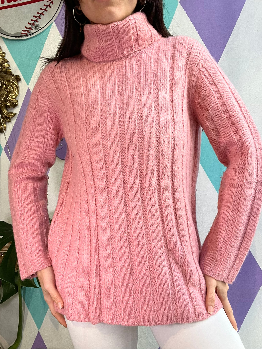 Vintage Pink Ribbed Turtleneck Sweater