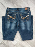 Women's vintage LEI bootcut low-rise jeans by Elektra Vintage, dark wash with classic 2000s style and relaxed fit.