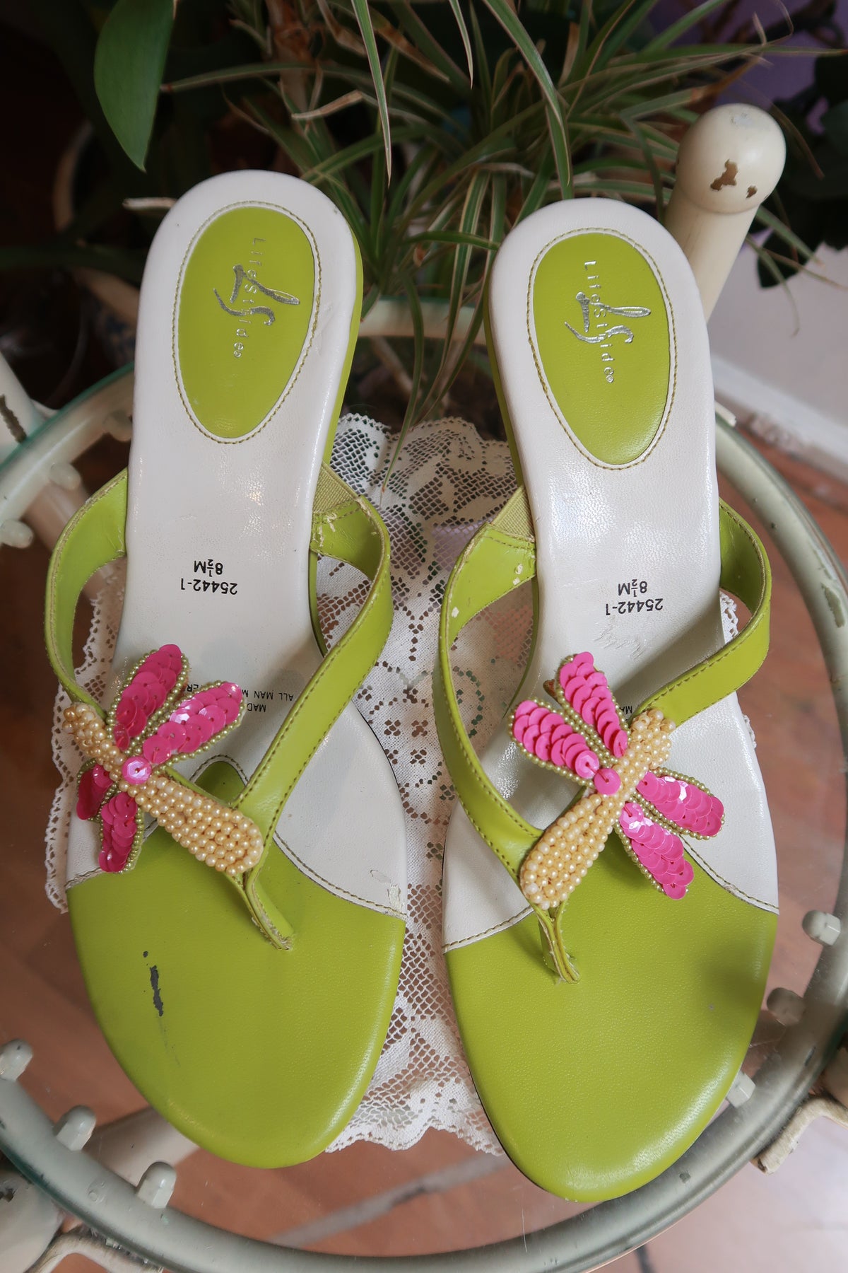 Vintage Y2K Lime Green Dragonfly Kitten Heel Sandals