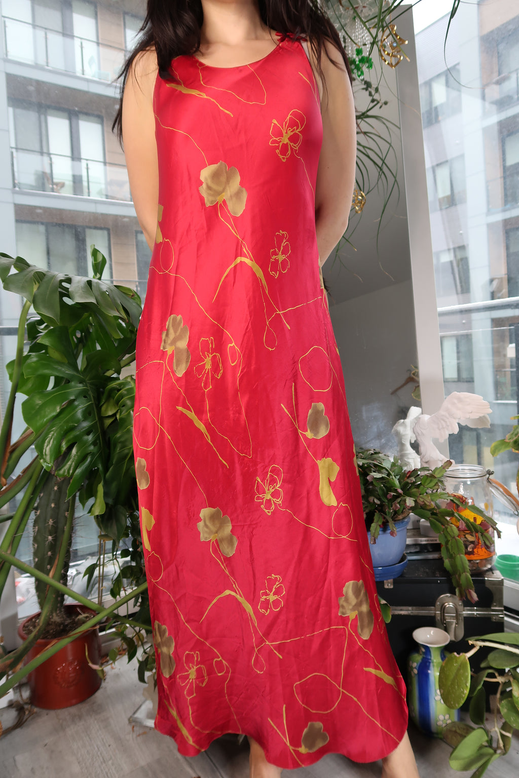 Vintage Red Floral Silk Dress