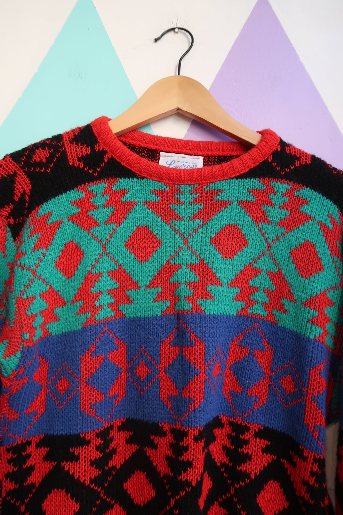 Vintage 80s Geometric Knit Sweater – Bright Red, Teal & Blue Pattern - Elektra Vintage