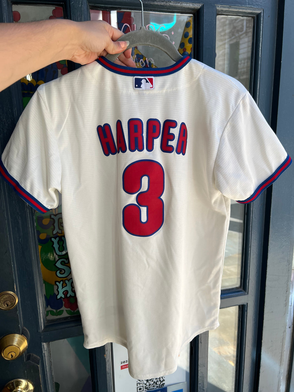 Women's Phillies Bryce Harper Nike baseball jersey by Elektra Vintage, featuring team logo and athletic design.