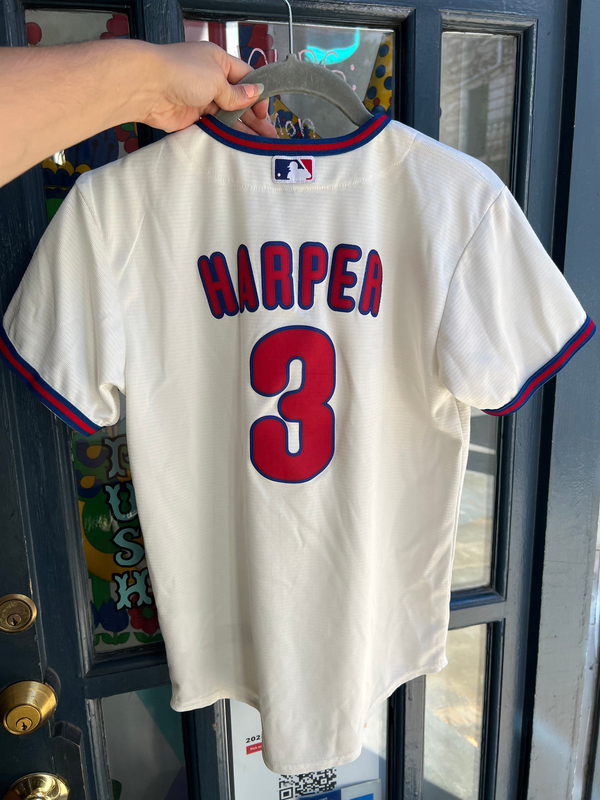 Women's Phillies Bryce Harper Nike baseball jersey by Elektra Vintage, featuring team logo and athletic design.