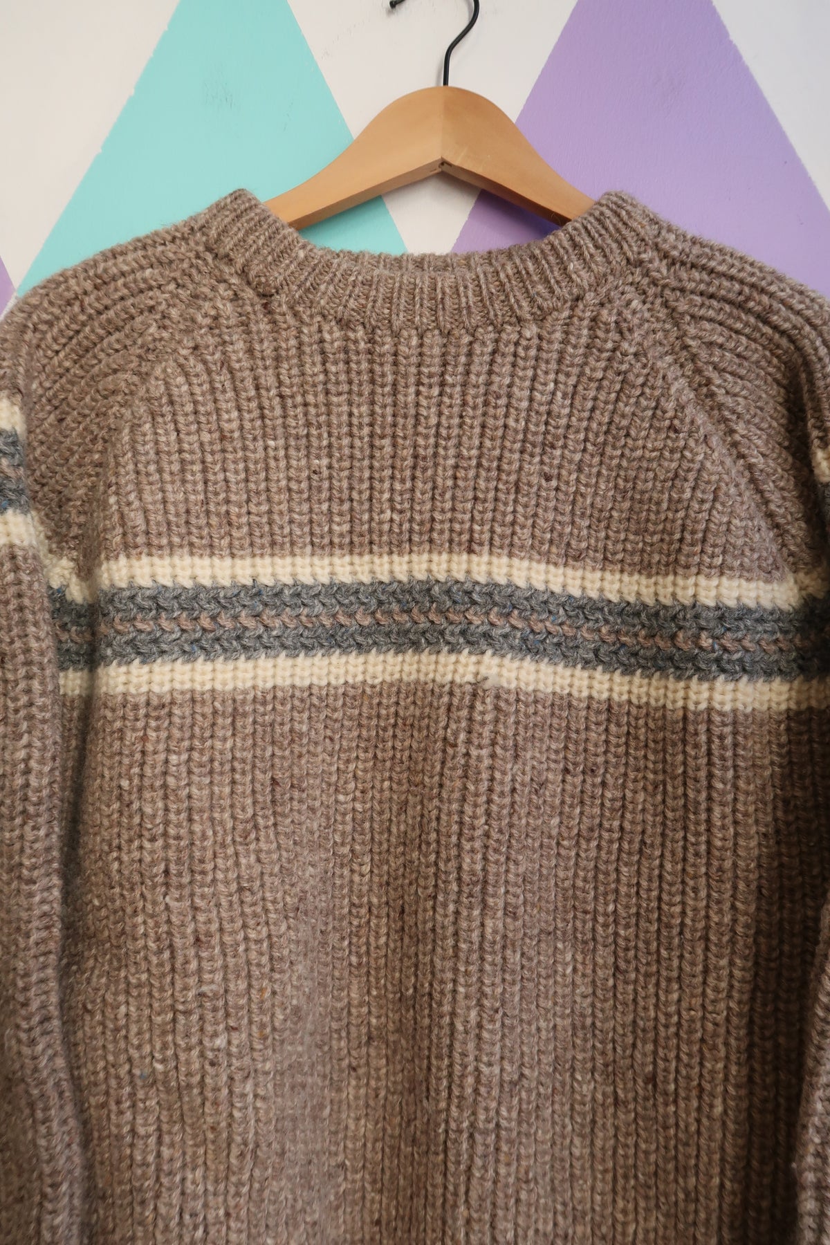 Vintage Hand-Knit Wool Sweater – Chunky Brown Stripe Pullover