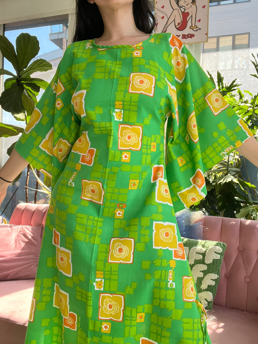 60s 70s Vintage Green Geometric Pattern Maxi Dress - Elektra Vintage