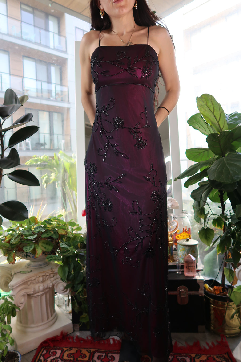 Vintage 90s Whimsy Goth Beaded Maxi Gown – Black Mesh With Magenta Satin Underlay