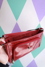 Load image into Gallery viewer, Vintage 2000s red crocodile embossed shoulder bag by Elektra Vintage, with a faux crocodile flap and Y2K-inspired design.
