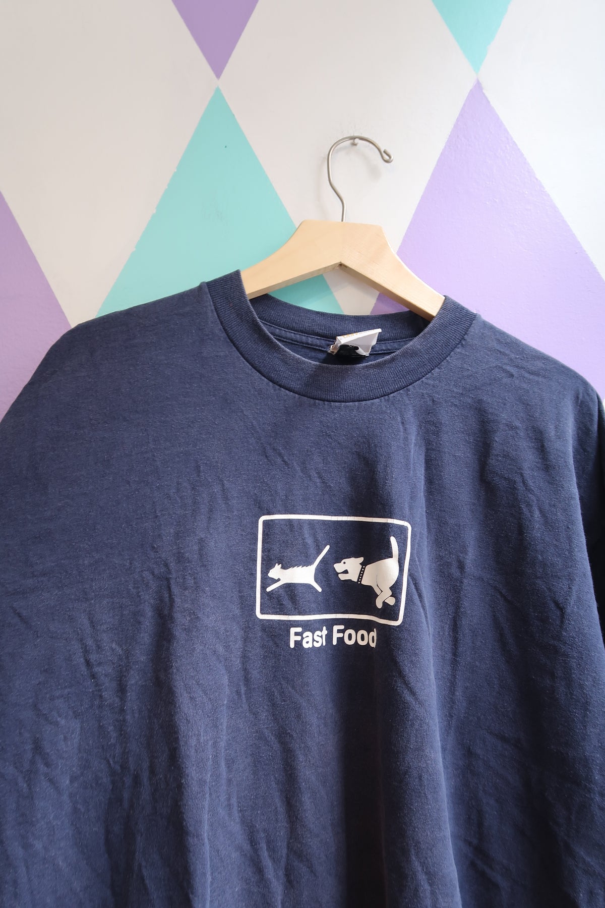 Vintage Y2K “Fast Food” Cat & Dog Graphic Tee – Navy Blue